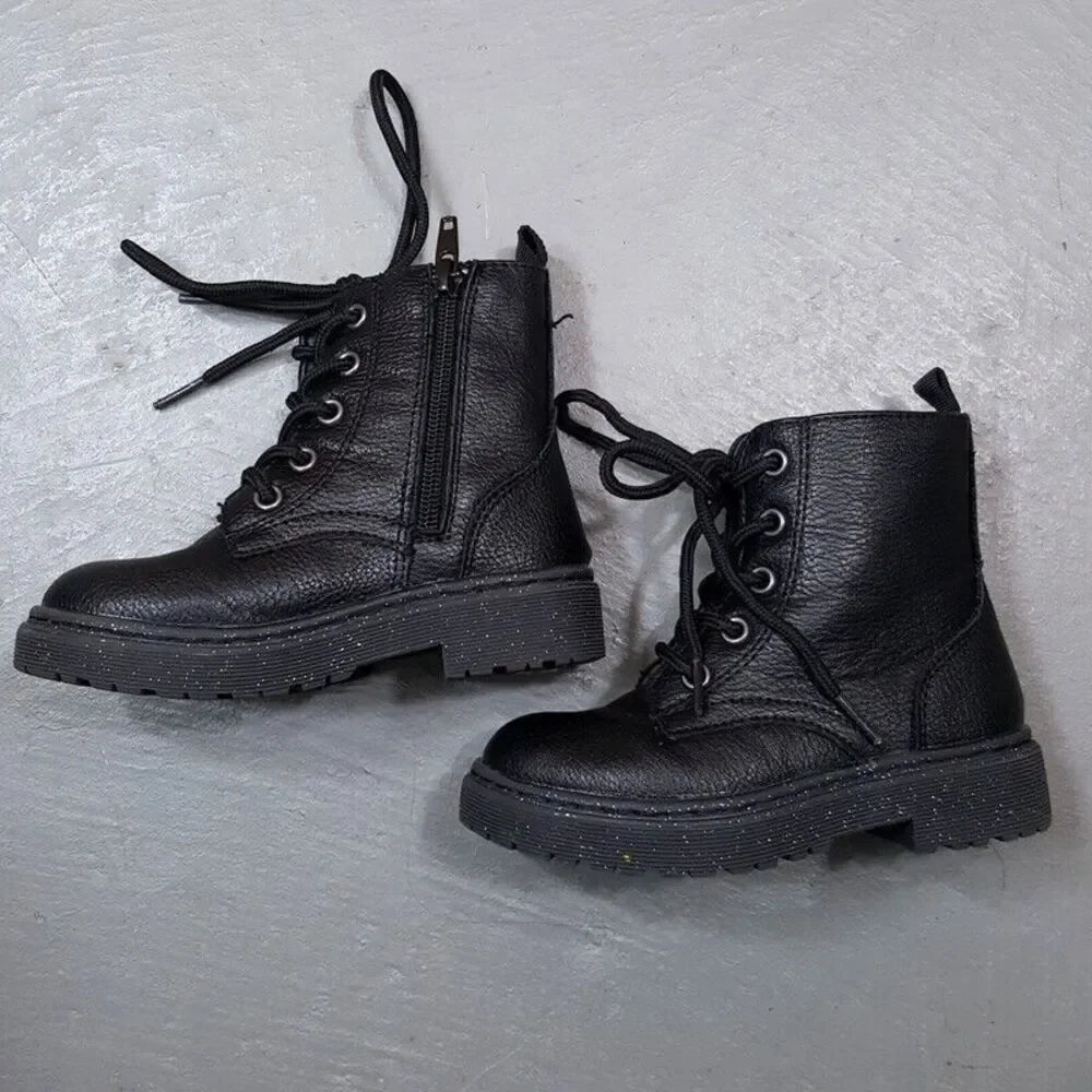 SINCERELY JULES Combat Boots Girls Size 8 Black Faux leather Side Zip Glitter
